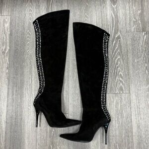 BLACK SUEDE HIGH BOOTS WITH RHINESTONES & STUDS DETAILS